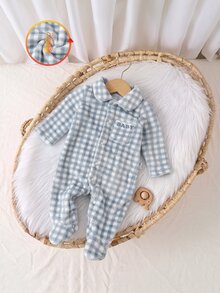 SHEIN 新生兒雙面絨毛格紋領長袖連腳連身衣居家服，適合冬季 - 藍白色 - 查看 3