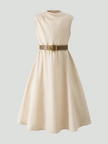 SHEIN Young Girl Stand Collar Pleated Design Casual Sleeveless Dress 7th Birthday Summer - Multicolor - View 11
