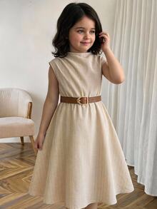 SHEIN Young Girl Stand Collar Pleated Design Casual Sleeveless Dress 7th Birthday Summer - Multicolor - View 1