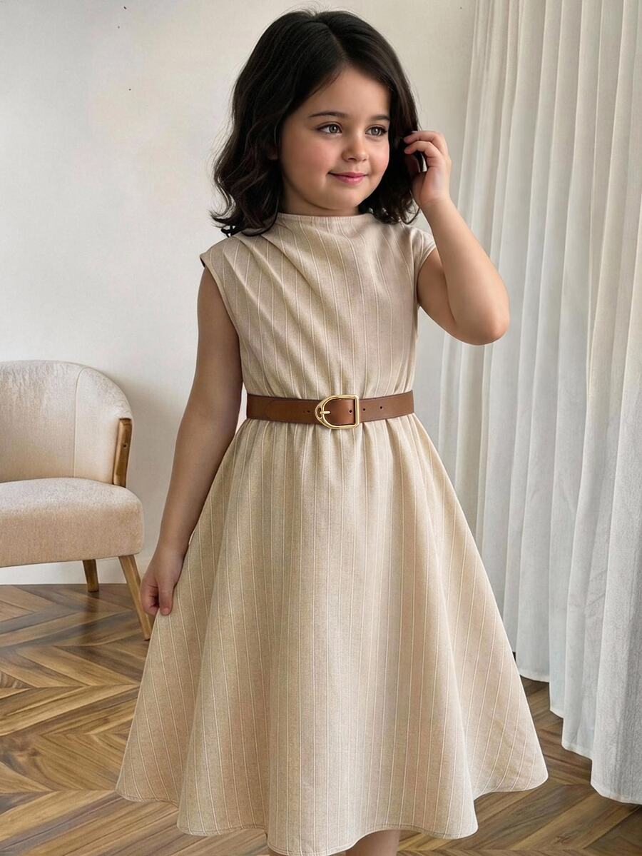 SHEIN Young Girl Stand Collar Pleated Design Casual Sleeveless Dress 7th Birthday Summer - Multicolor - View 1