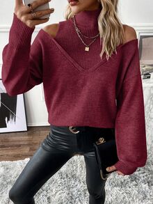 SHEIN LUNE Women's Solid Color Stand Collar Off-Shoulder Casual Versatile Daily Long Sleeve Sweater - Red Violet - View 8