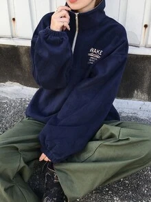 FRIFUL Women's Korean Style Embroidered Patch Long Sleeve Sweatshirt Streetwear - Navy Blue - View 6