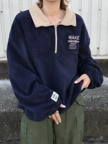 FRIFUL Women's Korean Style Embroidered Patch Long Sleeve Sweatshirt Streetwear - Navy Blue - View 4