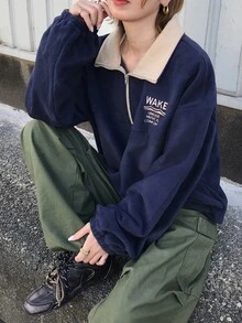 FRIFUL Women's Korean Style Embroidered Patch Long Sleeve Sweatshirt Streetwear - Navy Blue - View 5