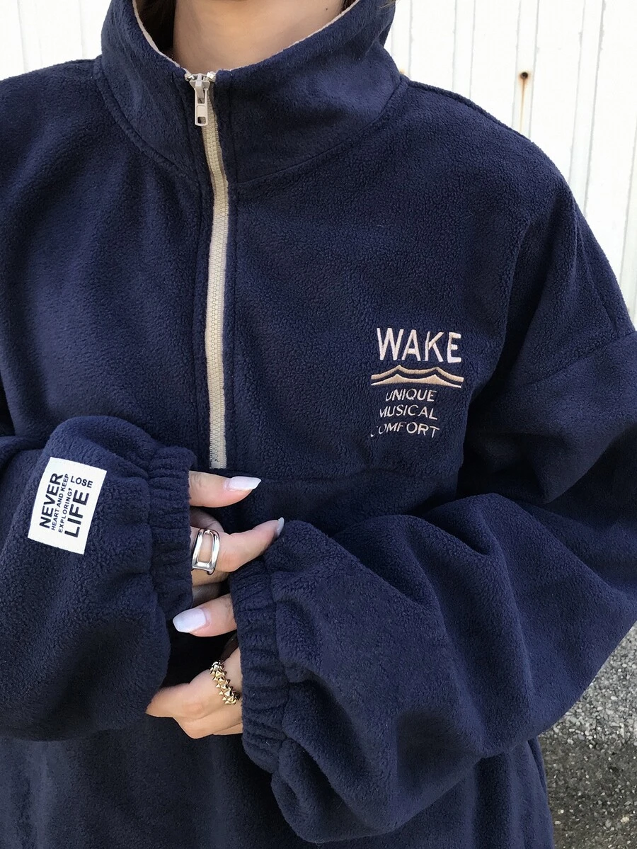 FRIFUL Women's Korean Style Embroidered Patch Long Sleeve Sweatshirt Streetwear - Navy Blue - View 1