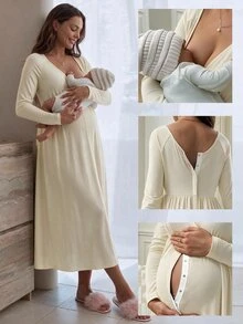 Slowluna Maternity Nursing Dress With Pleated Design, Minimalist Style For Pregnant And Postpartum Women - Apricot - View 11
