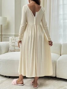 Slowluna Maternity Nursing Dress With Pleated Design, Minimalist Style For Pregnant And Postpartum Women - Apricot - View 2