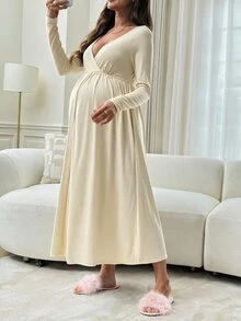 Slowluna Maternity Nursing Dress With Pleated Design, Minimalist Style For Pregnant And Postpartum Women - Apricot - View 3