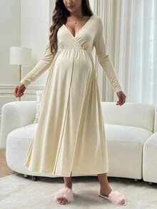 Slowluna Maternity Nursing Dress With Pleated Design, Minimalist Style For Pregnant And Postpartum Women - Apricot - View 7