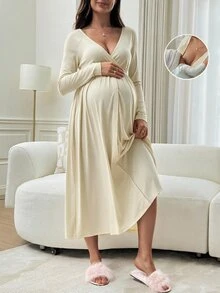 Slowluna Maternity Nursing Dress With Pleated Design, Minimalist Style For Pregnant And Postpartum Women - Apricot - View 5