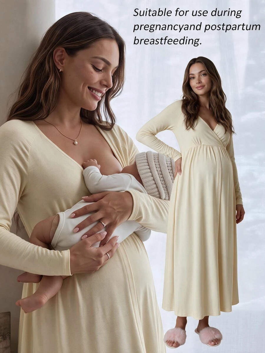 Slowluna Maternity Nursing Dress With Pleated Design, Minimalist Style For Pregnant And Postpartum Women - Apricot - View 1