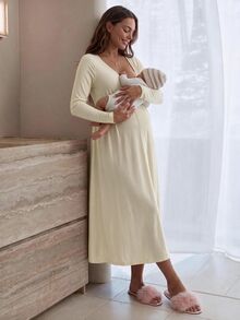 Slowluna Maternity Nursing Dress With Pleated Design, Minimalist Style For Pregnant And Postpartum Women - Apricot - View 10