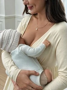 Slowluna Maternity Nursing Dress With Pleated Design, Minimalist Style For Pregnant And Postpartum Women - Apricot - View 4