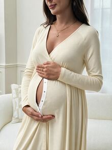 Slowluna Maternity Nursing Dress With Pleated Design, Minimalist Style For Pregnant And Postpartum Women - Apricot - View 8