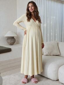 Slowluna Maternity Nursing Dress With Pleated Design, Minimalist Style For Pregnant And Postpartum Women - Apricot - View 6