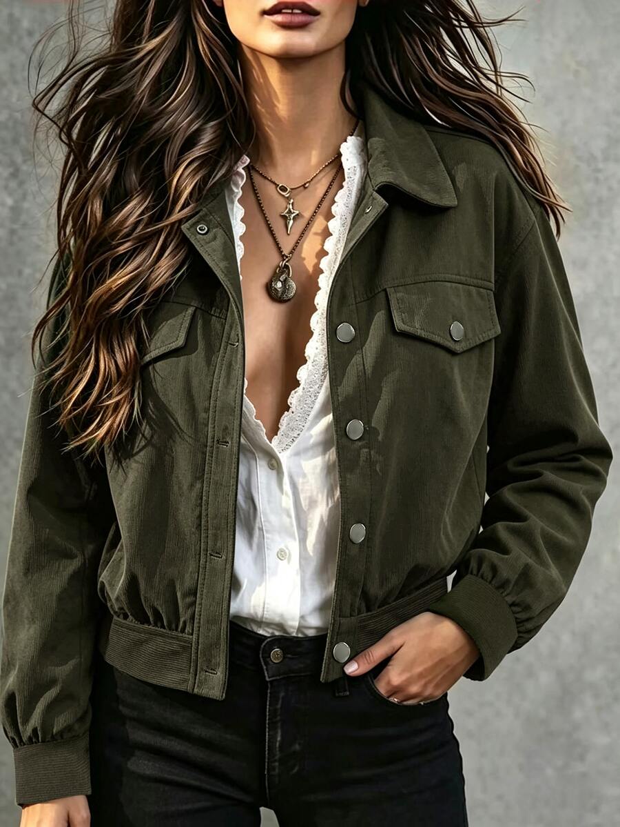 Linhara CURVE Plus Size Woven Casual Autumn Commuter Jacket Fall - Army Green - View 1
