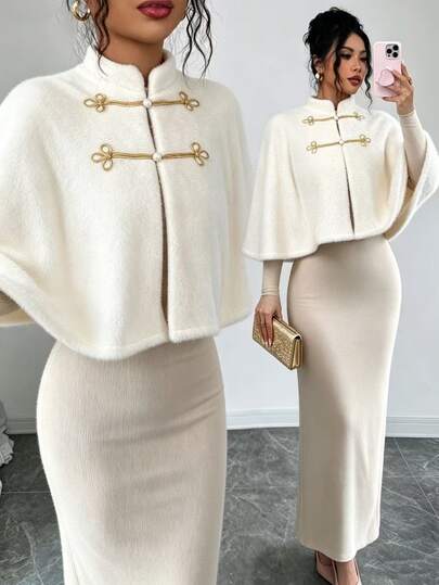 Elenzga Autumn/Winter Women's Off White Faux Fur Short Solid Color Plush Cape Coat, Elegant Mature Vintage Stand Collar Pearl Button Shawl New Year Outfit