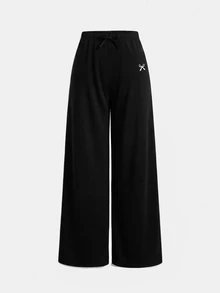 SHEIN 青少年女孩黑色與兒童白色秋季休閒可愛校園兩件套服裝，修身U領長袖蝴蝶結裝飾針織T恤上衣搭配寬褲套裝 - 黑色 - 查看 7