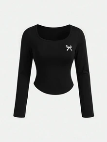 SHEIN 青少年女孩黑色與兒童白色秋季休閒可愛校園兩件套服裝，修身U領長袖蝴蝶結裝飾針織T恤上衣搭配寬褲套裝 - 黑色 - 查看 4