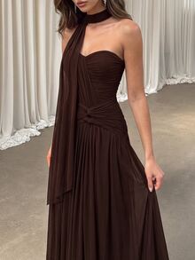 Aloruh Women's Elegant Gray-Green High-Stretch Knit Mesh Bustier Evening Gown,Ruched Front Waist- Twist Fishtail Hem Dress With Detachable Neck Drape - Coffee Brown - View 2