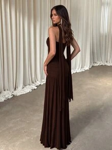 Aloruh Women's Elegant Gray-Green High-Stretch Knit Mesh Bustier Evening Gown,Ruched Front Waist- Twist Fishtail Hem Dress With Detachable Neck Drape - Coffee Brown - View 7