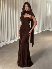 Aloruh Women's Elegant Gray-Green High-Stretch Knit Mesh Bustier Evening Gown,Ruched Front Waist- Twist Fishtail Hem Dress With Detachable Neck Drape - Coffee Brown - View 3