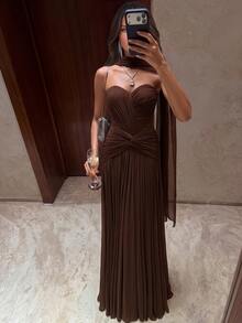 Aloruh Women's Elegant Gray-Green High-Stretch Knit Mesh Bustier Evening Gown,Ruched Front Waist- Twist Fishtail Hem Dress With Detachable Neck Drape - Coffee Brown - View 6