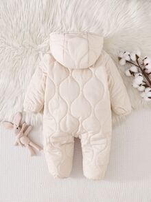 Cozy Pixies 1件女嬰連帽雪地連身衣，白色冬季花卉連身褲附配套手套，保暖內裡羽絨外套，女童端莊戶外冬季服飾 - 米色 - 查看 2