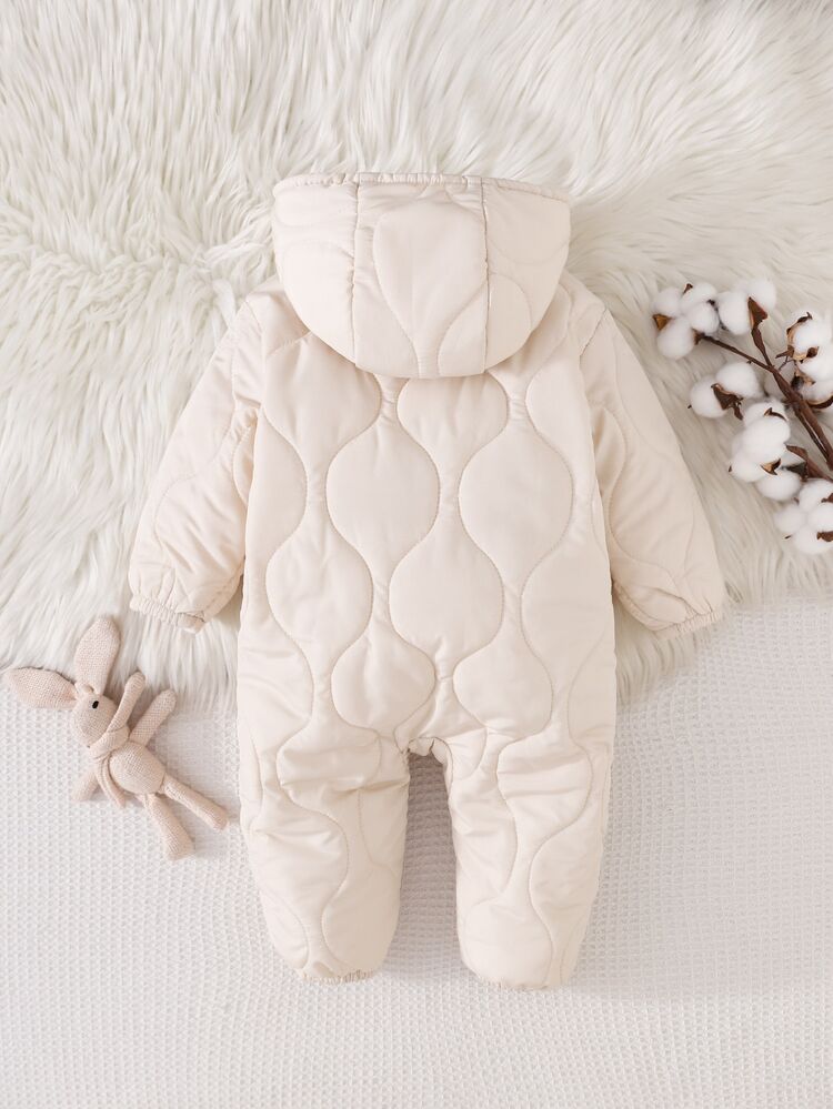 Cozy Pixies 1件女嬰連帽雪地連身衣，白色冬季花卉連身褲附配套手套，保暖內裡羽絨外套，女童端莊戶外冬季服飾 - 米色 - 查看 2