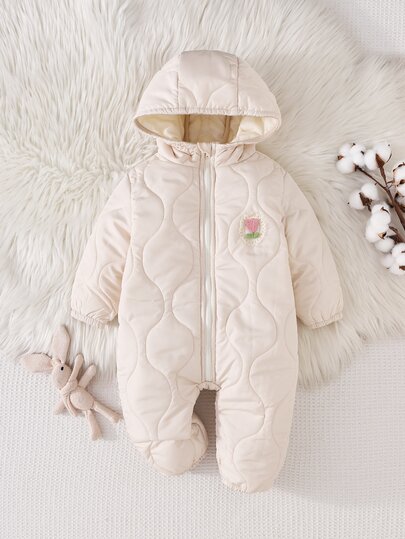 Cozy Pixies 1pc Baby Girl Hooded Snowsuit,White Winter Floral Jumpsuit With Matching Mittens,Thermal Lined Puffer Jacket,Girls Modest Club Outdoor Winter Clothing