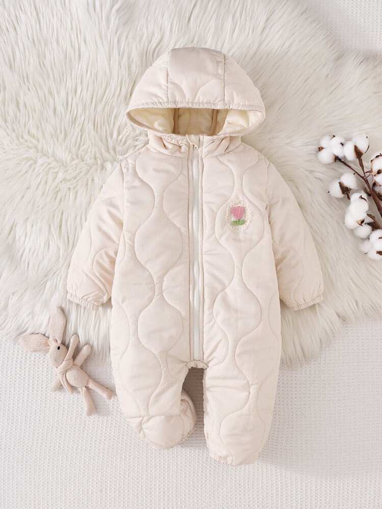 Cozy Pixies 1件女嬰連帽雪地連身衣，白色冬季花卉連身褲附配套手套，保暖內裡羽絨外套，女童端莊戶外冬季服飾 - 米色 - 查看 1