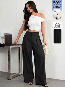 SHEIN PETITE High Waist Pleated Wide Leg Black Long Pants - Black - View 6