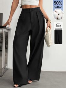 SHEIN PETITE High Waist Pleated Wide Leg Black Long Pants - Black - View 5