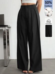 SHEIN PETITE High Waist Pleated Wide Leg Black Long Pants - Black - View 3