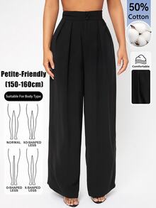 SHEIN PETITE High Waist Pleated Wide Leg Black Long Pants - Black - View 8