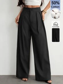 SHEIN PETITE High Waist Pleated Wide Leg Black Long Pants - Black - View 7