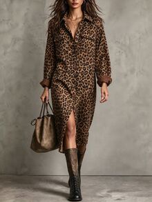 LUMIGAL Women's Leopard Print Casual Daily Summer Travel Dress - Coffee Brown - View 1