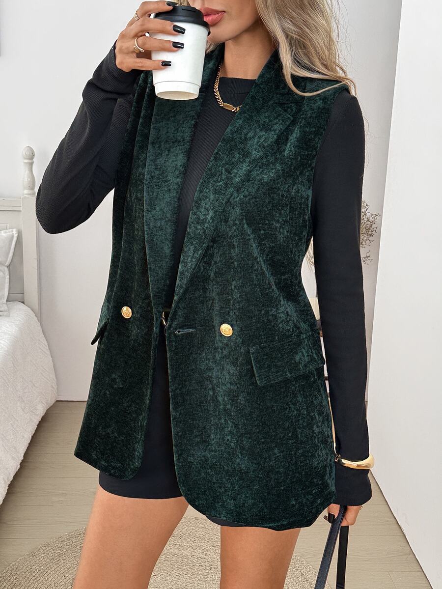SHEIN LUNE 女款休閒優雅商務休閒秋季通勤辦公日常基礎外出穿搭無袖西裝外套 教師節深綠色 - 墨綠色 - 查看 1