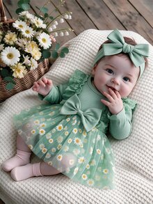 SHEIN 新生女嬰黃色直條紋蝴蝶結拼接雛菊網紗洋裝&髮帶兩件套 2件組 秋季長袖 - 綠色 - 查看 1