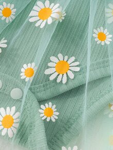 SHEIN 新生女嬰黃色直條紋蝴蝶結拼接雛菊網紗洋裝&髮帶兩件套 2件組 秋季長袖 - 綠色 - 查看 6