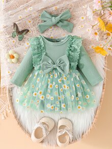 SHEIN 新生女嬰黃色直條紋蝴蝶結拼接雛菊網紗洋裝&髮帶兩件套 2件組 秋季長袖 - 綠色 - 查看 3