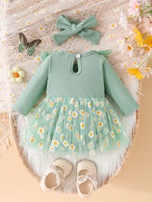 SHEIN 新生女嬰黃色直條紋蝴蝶結拼接雛菊網紗洋裝&髮帶兩件套 2件組 秋季長袖 - 綠色 - 查看 2