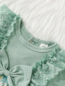 SHEIN 新生女嬰黃色直條紋蝴蝶結拼接雛菊網紗洋裝&髮帶兩件套 2件組 秋季長袖 - 綠色 - 查看 4