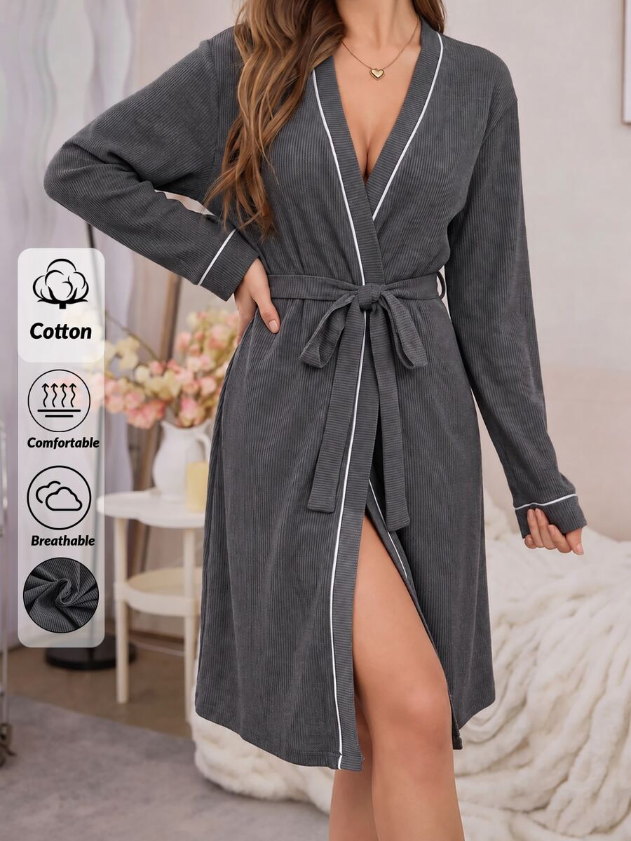 SHEIN PLUS Women's Ribbed Knit Contrast Trim Belted Long Sleeve Robe Nightwear Grey Winter Elegant Bridal Lounge Bride
