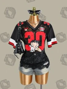 Betty Boop x SHEIN Women's Sexy Fashion Lace Cartoon Print Sheer T-Shirt - Black - View 3