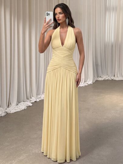 Aloruh Elegant Romantic Fashion Stretch Mesh Halter Neck Ruched Decor A-Line Party Dress Wedding Guest Dress Orange Dress Fashion Elegant Bridesmaid Dress