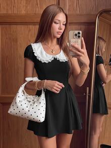 Sweetina Casual Uniform Style Lace Peter Pan Collar Mini Dress - Navy Blue - View 4