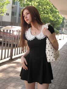 Sweetina Casual Uniform Style Lace Peter Pan Collar Mini Dress - Navy Blue - View 3