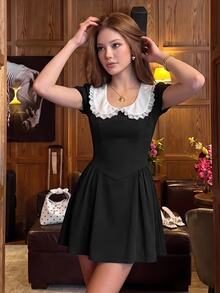 Sweetina Casual Uniform Style Lace Peter Pan Collar Mini Dress - Navy Blue - View 6