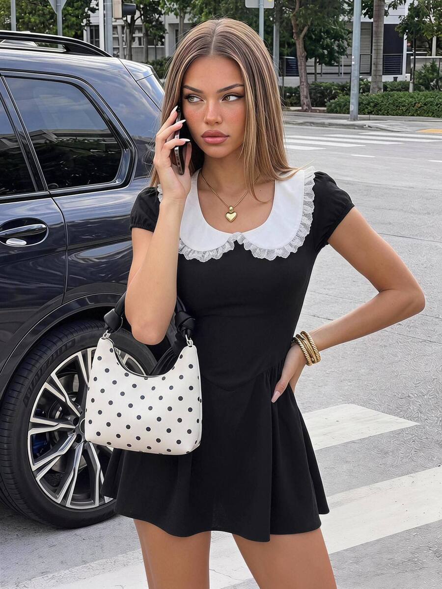 Sweetina Casual Uniform Style Lace Peter Pan Collar Mini Dress - Navy Blue - View 1